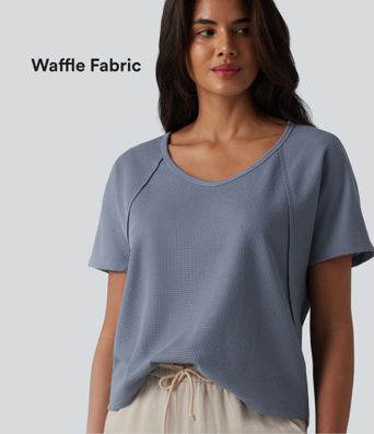 Sweetheart Neck Short Sleeve Waffle Casual T-Shirt