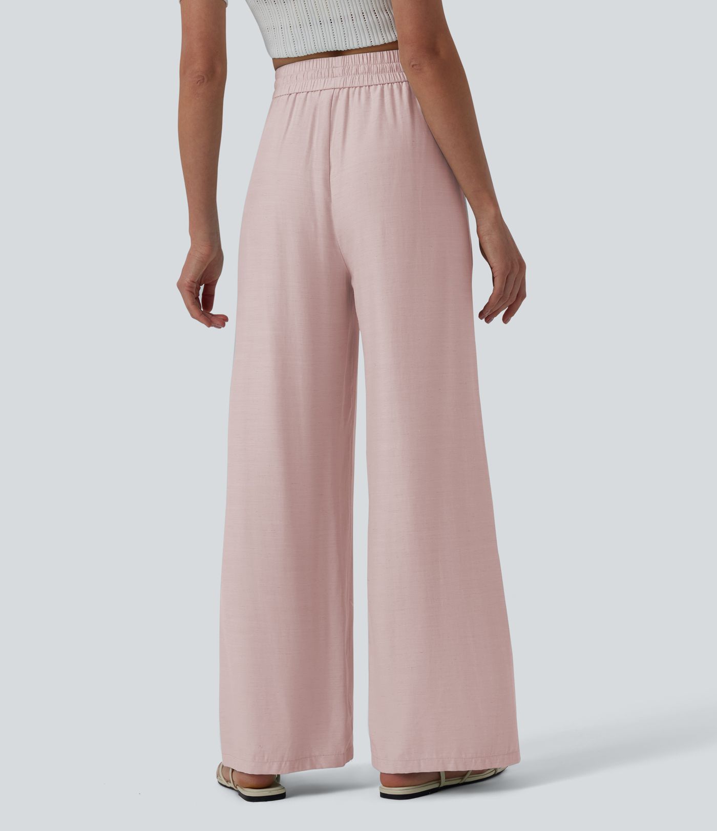 Lässige Leinen-Hose mit hohem Bund, Kordelzug, weitem Bein und Taschen