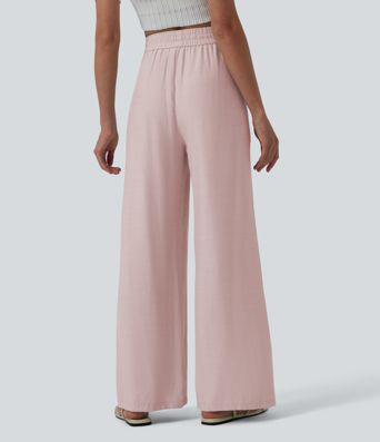 Lässige Leinen-Hose mit hohem Bund, Kordelzug, weitem Bein und Taschen