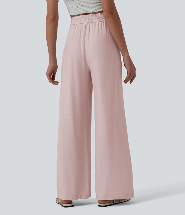 Lässige Leinen-Hose mit hohem Bund, Kordelzug, weitem Bein und Taschen