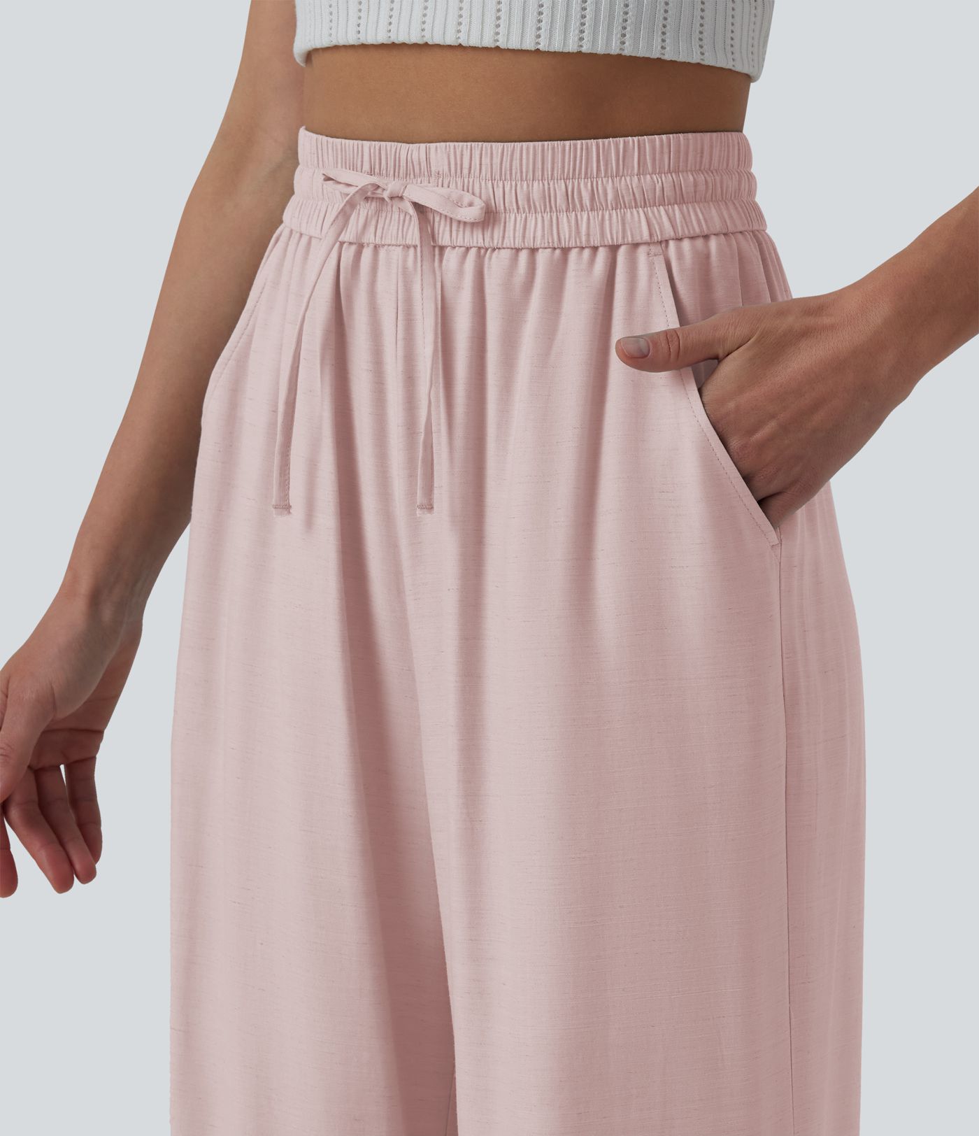 Lässige Leinen-Hose mit hohem Bund, Kordelzug, weitem Bein und Taschen