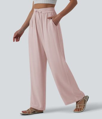 Lässige Leinen-Hose mit hohem Bund, Kordelzug, weitem Bein und Taschen