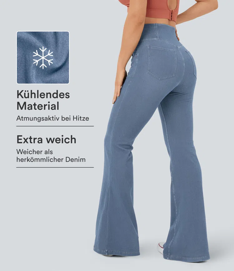 Pastel Blue Denim Halara Flex™ Crossover-Flared-Jeans aus elastischem Strick-Denim mit hohem Bund, mehreren Taschen und InstantCool / 1