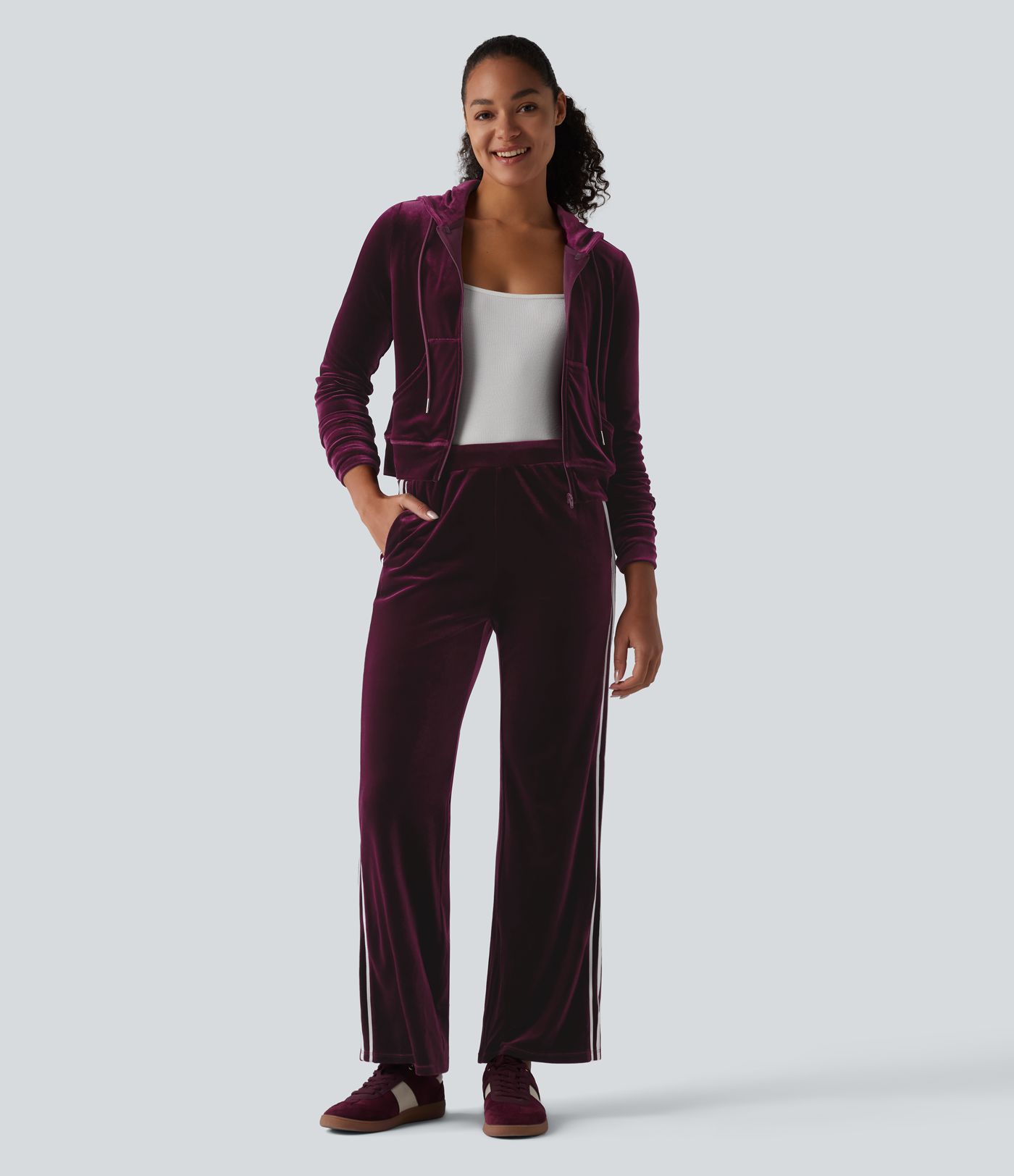Low Rise Color Block Stripes Velvet Casual Flare Pants with Pockets