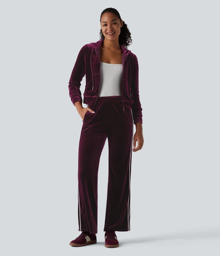 Low Rise Color Block Stripes Velvet Casual Flare Pants with Pockets