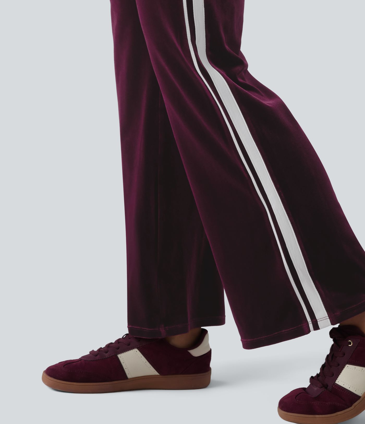Low Rise Color Block Stripes Velvet Casual Flare Pants with Pockets