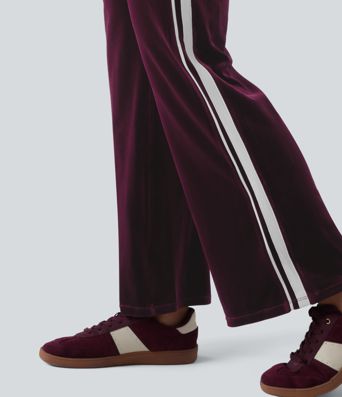 Low Rise Color Block Stripes Velvet Casual Flare Pants with Pockets