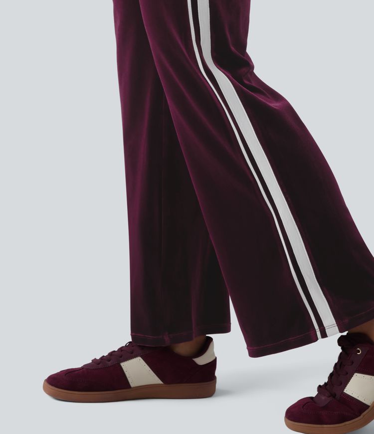Low Rise Color Block Stripes Velvet Casual Flare Pants with Pockets