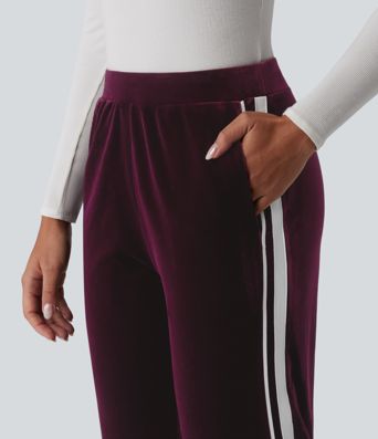 Low Rise Color Block Stripes Velvet Casual Flare Pants with Pockets