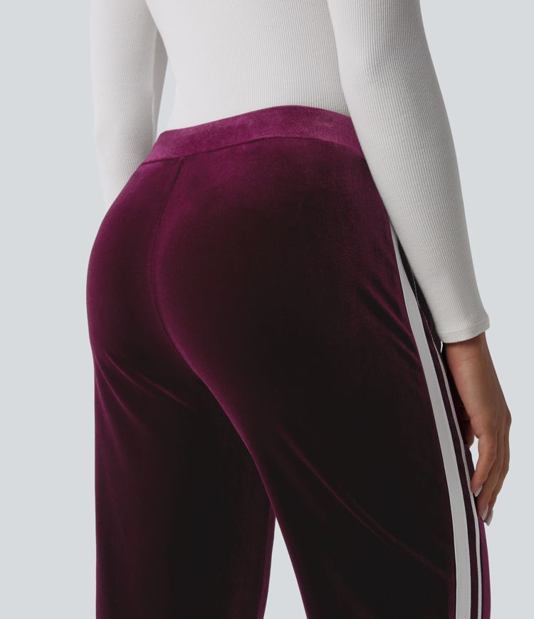 Low Rise Color Block Stripes Velvet Casual Flare Pants with Pockets