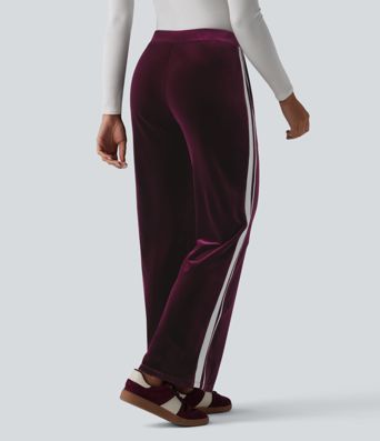 Low Rise Color Block Stripes Velvet Casual Flare Pants with Pockets