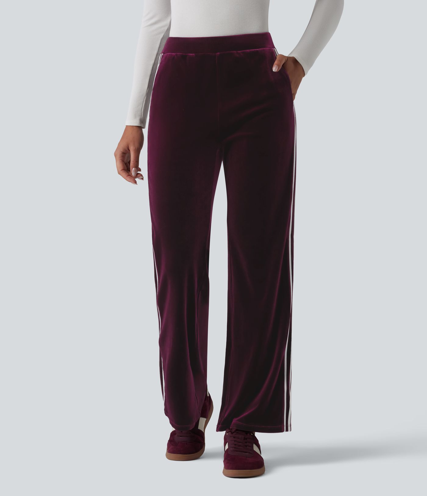 Low Rise Color Block Stripes Velvet Casual Flare Pants with Pockets