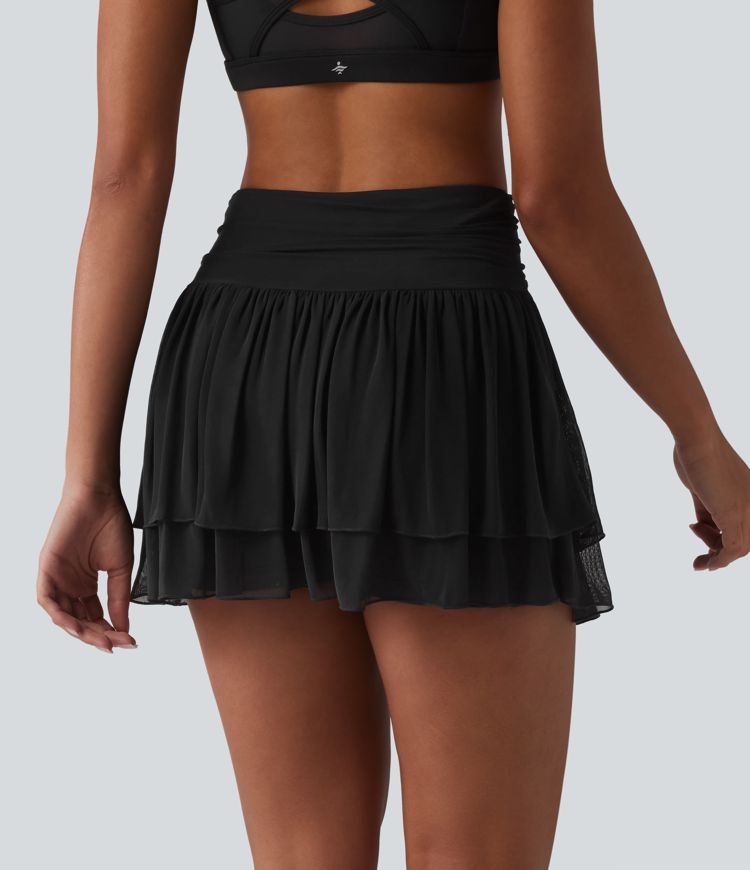 High Waisted Ruched Breathable Mesh 2-in-1 Mini Tennis Tiered Skirt with Pockets