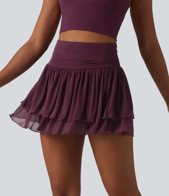 High Waisted Ruched Breathable Mesh 2-in-1 Mini Tennis Tiered Skirt with Pockets