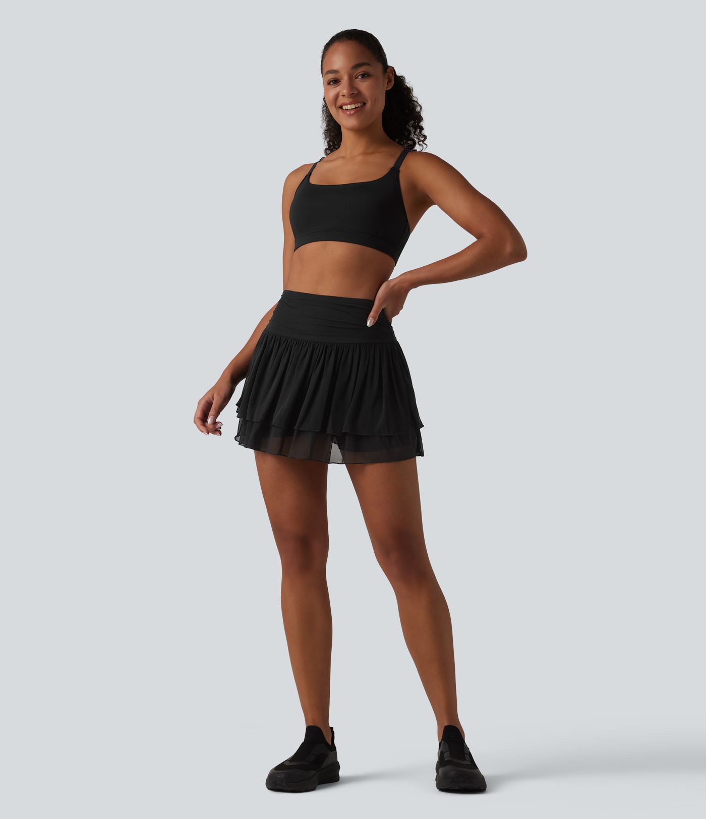 High Waisted Ruched Breathable Mesh 2-in-1 Mini Tennis Tiered Skirt with Pockets