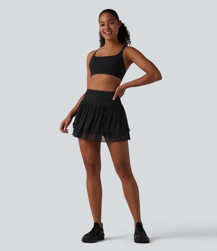 High Waisted Ruched Breathable Mesh 2-in-1 Mini Tennis Tiered Skirt with Pockets