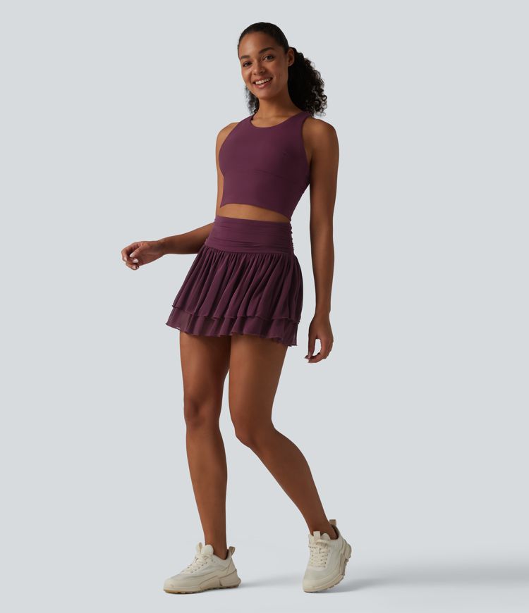 High Waisted Ruched Breathable Mesh 2-in-1 Mini Tennis Tiered Skirt with Pockets