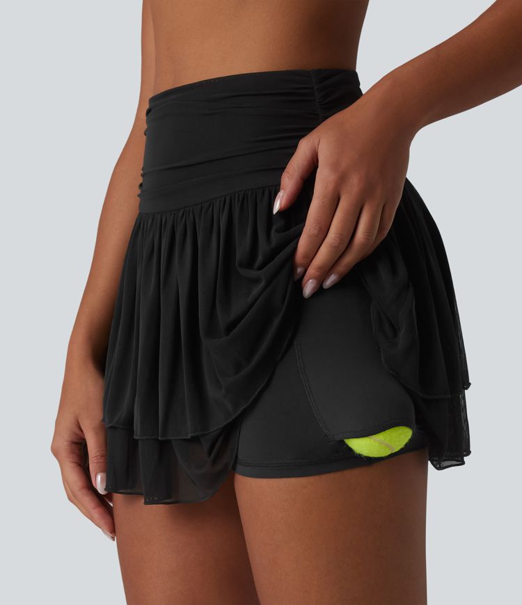 High Waisted Ruched Breathable Mesh 2-in-1 Mini Tennis Tiered Skirt with Pockets