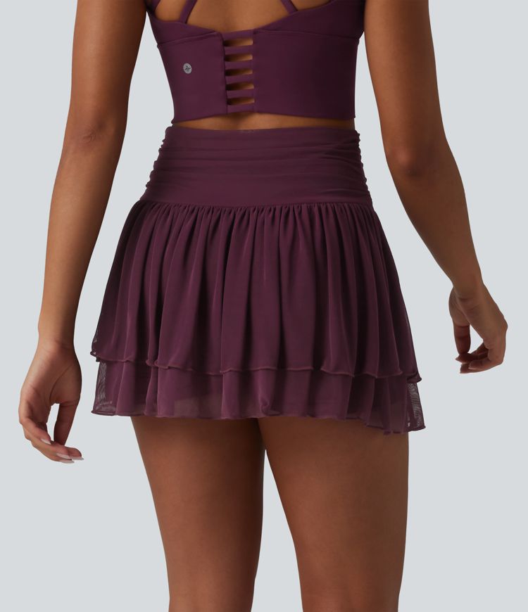 High Waisted Ruched Breathable Mesh 2-in-1 Mini Tennis Tiered Skirt with Pockets