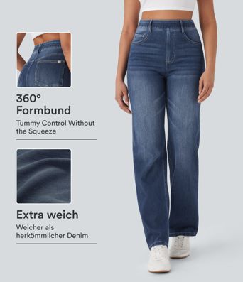 Halara Flex™ Jeans mit hoher Taille, mehreren Taschen, gerades Bein, gewaschener, dehnbarer Strick, lässig