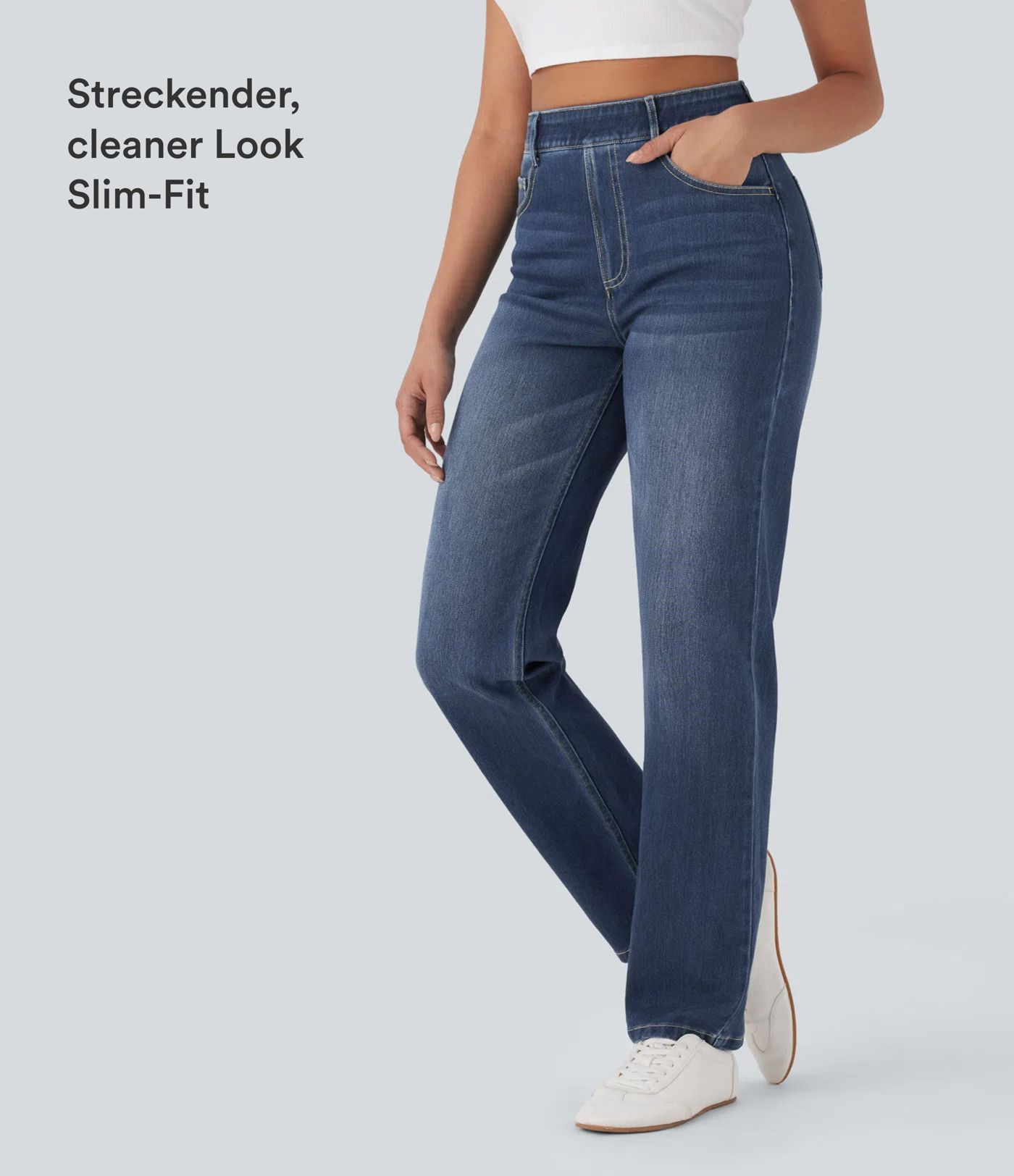 Halara Flex™ Jeans mit hoher Taille, mehreren Taschen, gerades Bein, gewaschener, dehnbarer Strick, lässig
