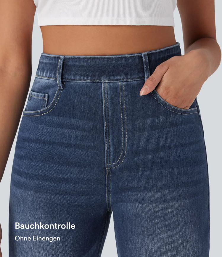 Halara Flex™ Jeans mit hoher Taille, mehreren Taschen, gerades Bein, gewaschener, dehnbarer Strick, lässig