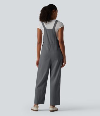 Straight Leg Casual Linen-Feel Overalls with Pockets