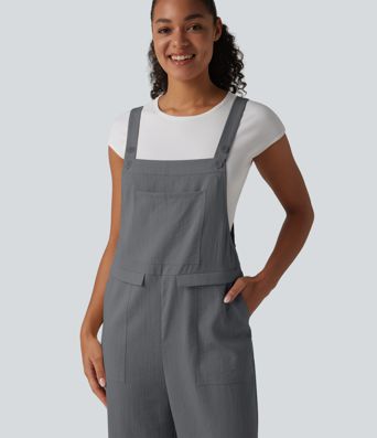 Straight Leg Casual Linen-Feel Overalls with Pockets