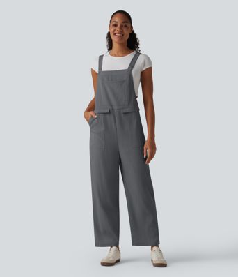 Straight Leg Casual Linen-Feel Overalls with Pockets