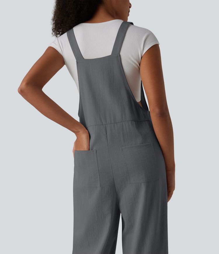 Straight Leg Casual Linen-Feel Overalls with Pockets
