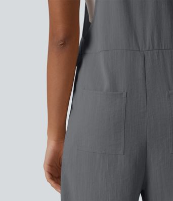Straight Leg Casual Linen-Feel Overalls with Pockets