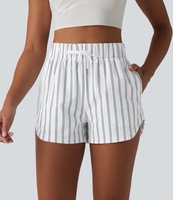 High Waisted Drawstring Curved Hem Stripe Tennis Shorts 3'' with Pockets