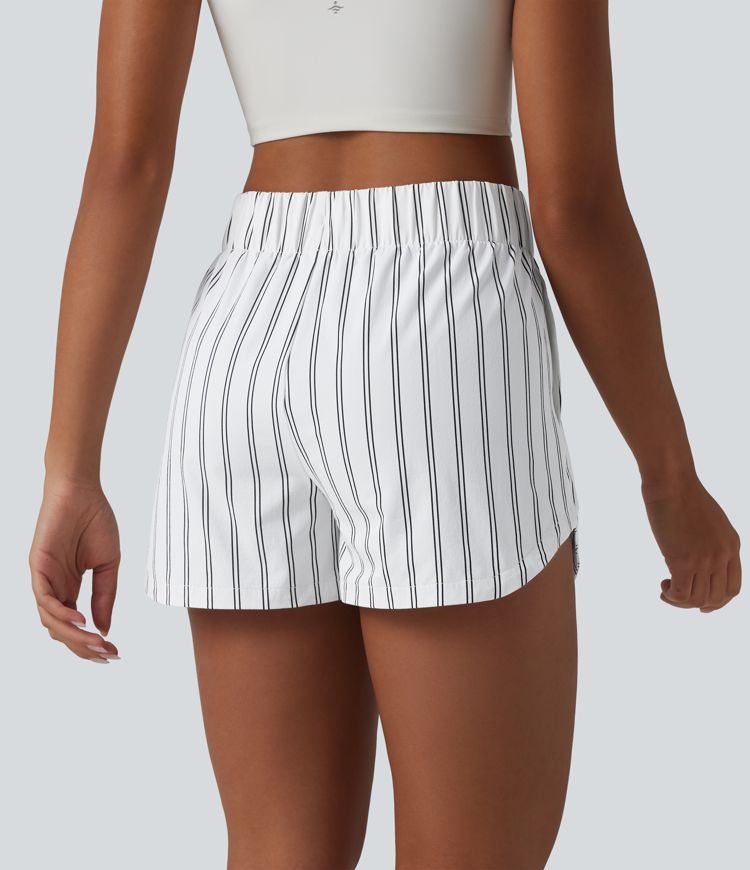 High Waisted Drawstring Curved Hem Stripe Tennis Shorts 3'' with Pockets