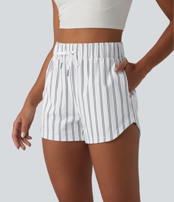 High Waisted Drawstring Curved Hem Stripe Tennis Shorts 3'' with Pockets