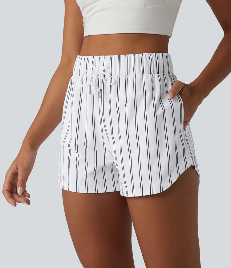 High Waisted Drawstring Curved Hem Stripe Tennis Shorts 3'' with Pockets
