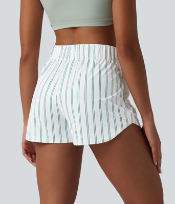 High Waisted Drawstring Curved Hem Stripe Tennis Shorts 3'' with Pockets