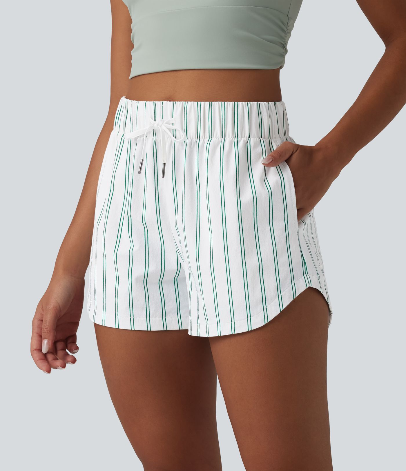 High Waisted Drawstring Curved Hem Stripe Tennis Shorts 3'' with Pockets