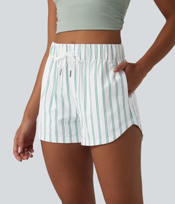 High Waisted Drawstring Curved Hem Stripe Tennis Shorts 3'' with Pockets