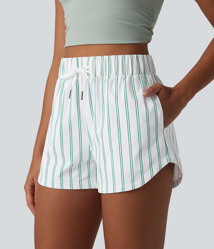 High Waisted Drawstring Curved Hem Stripe Tennis Shorts 3'' with Pockets