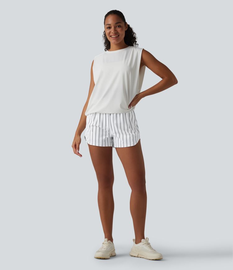 High Waisted Drawstring Curved Hem Stripe Tennis Shorts 3'' with Pockets