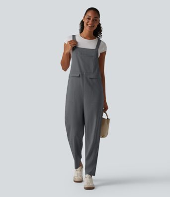 Straight Leg Casual Linen-Feel Overalls with Pockets