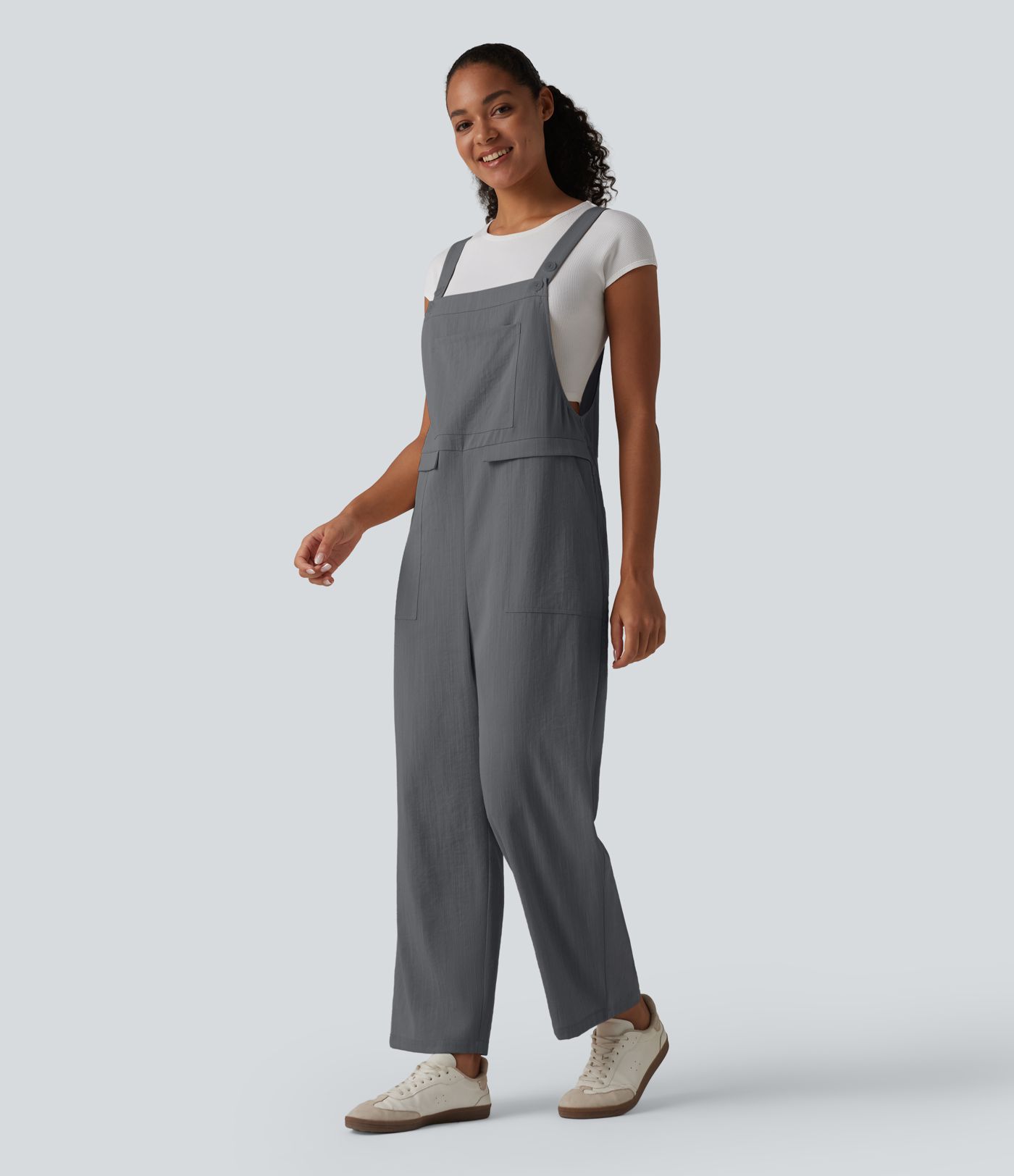 Straight Leg Casual Linen-Feel Overalls with Pockets