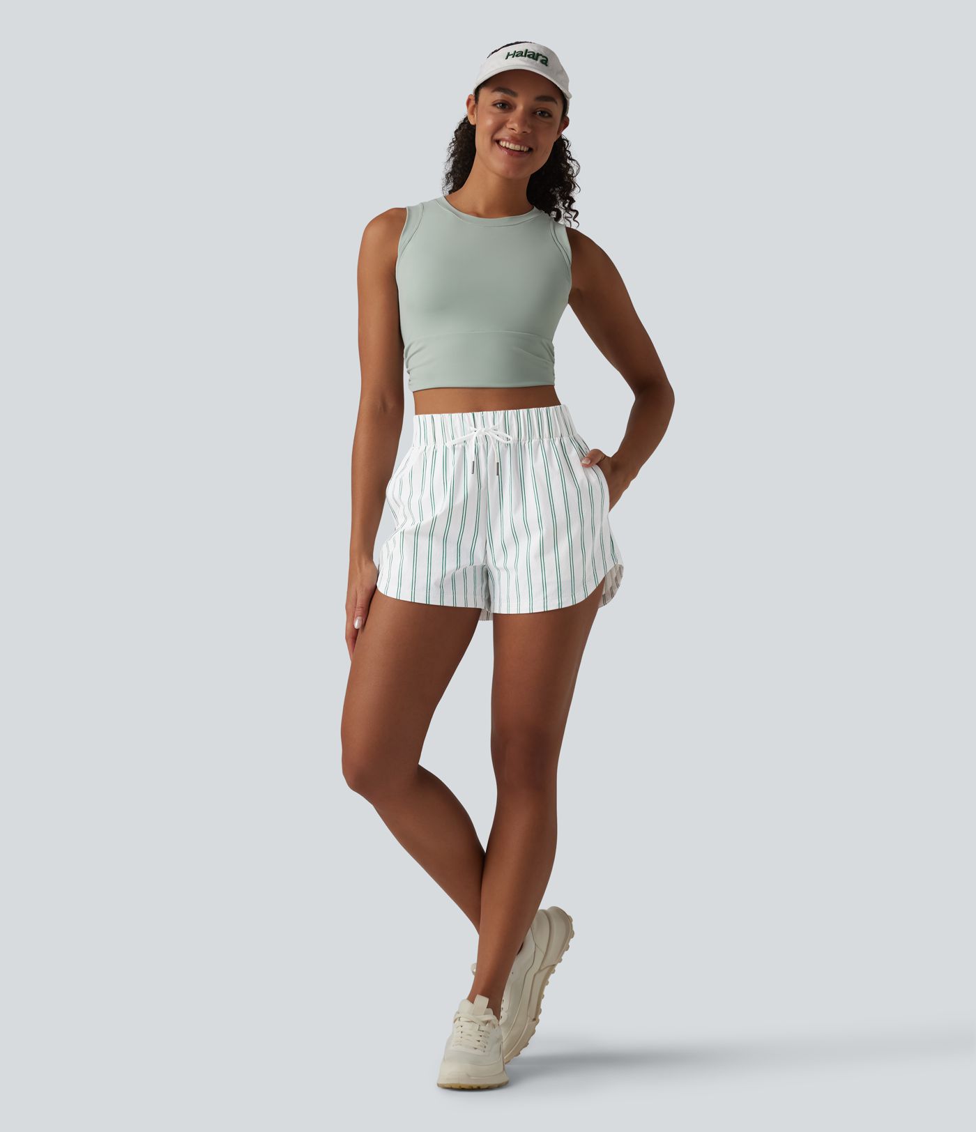 High Waisted Drawstring Curved Hem Stripe Tennis Shorts 3'' with Pockets