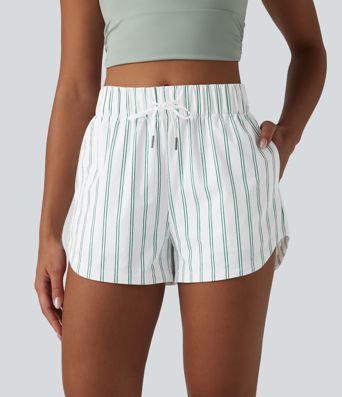 High Waisted Drawstring Curved Hem Stripe Tennis Shorts 3'' with Pockets