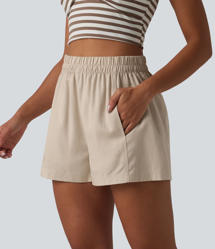 High Waisted Lyocell Linen-Blend Casual Baggy Shorts with Pockets