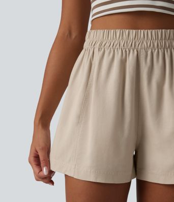 High Waisted Lyocell Linen-Blend Casual Baggy Shorts with Pockets