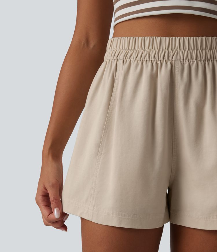 High Waisted Lyocell Linen-Blend Casual Baggy Shorts with Pockets