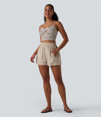 High Waisted Lyocell Linen-Blend Casual Baggy Shorts with Pockets