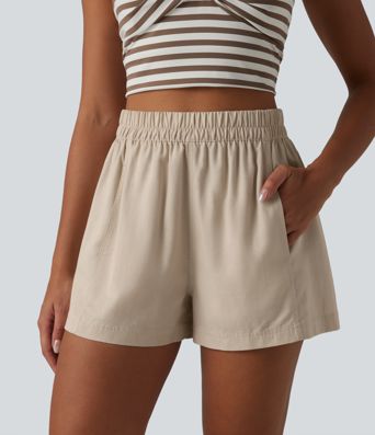 High Waisted Lyocell Linen-Blend Casual Baggy Shorts with Pockets