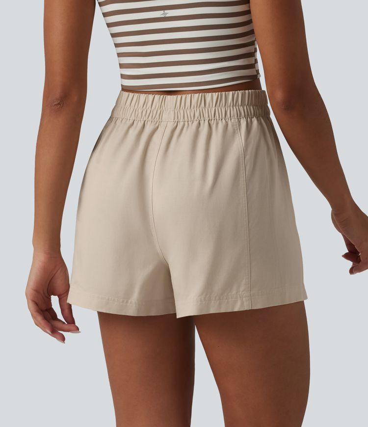 High Waisted Lyocell Linen-Blend Casual Baggy Shorts with Pockets